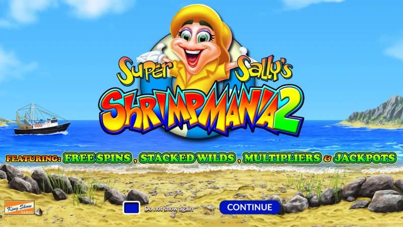 Super Sally's Shrimpmania 2 – pagrindinis ekranas su 5x4 ritėmis ir 40 pelno linijų tinkleliu